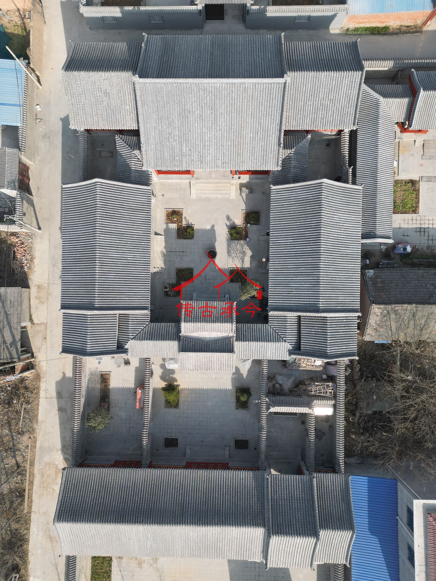 多進(jìn)式中式合院航拍、傳統(tǒng)四合院鳥瞰圖、新中式圍合宅院