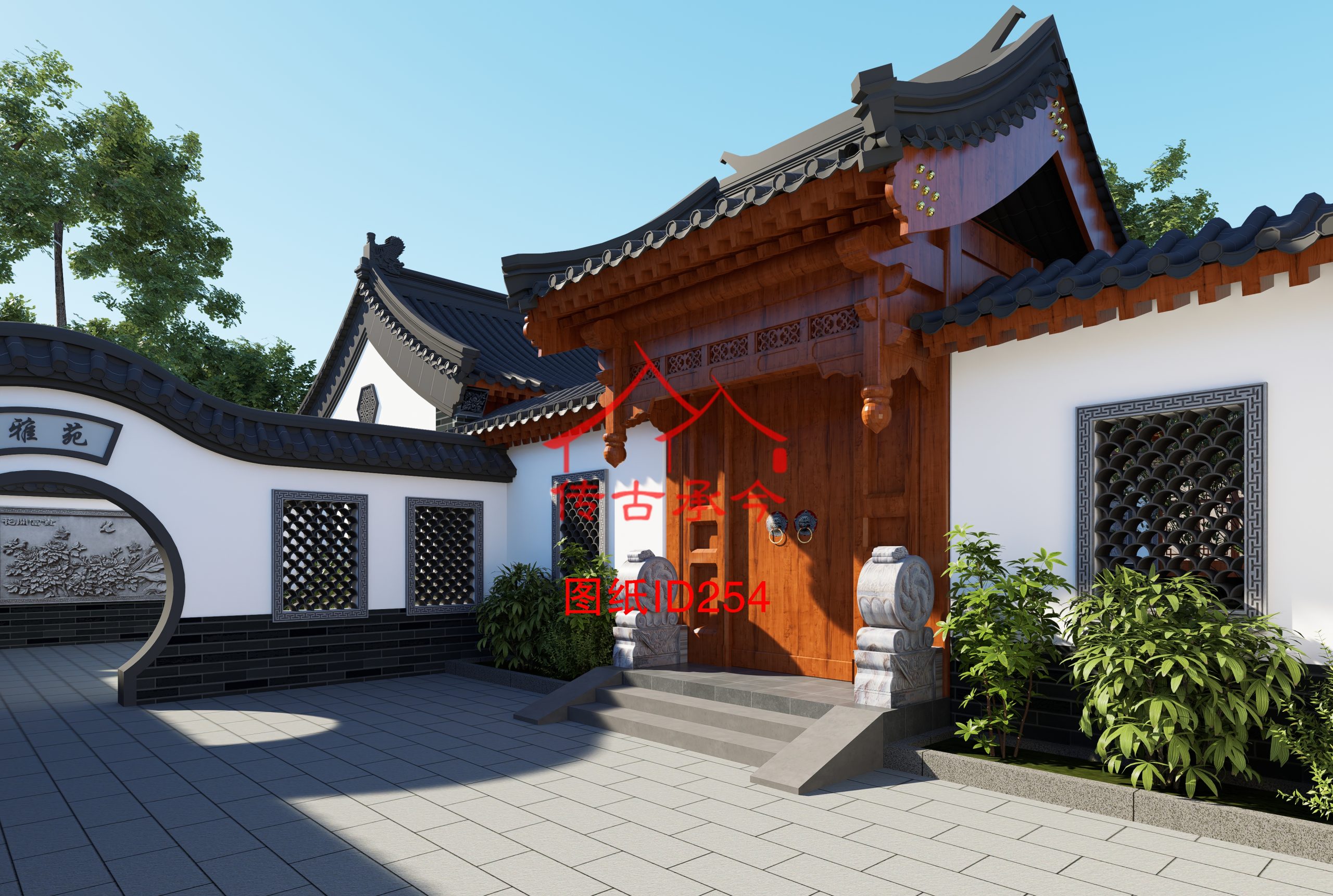 一進(jìn)院景觀垂花門月亮門花窗效果圖