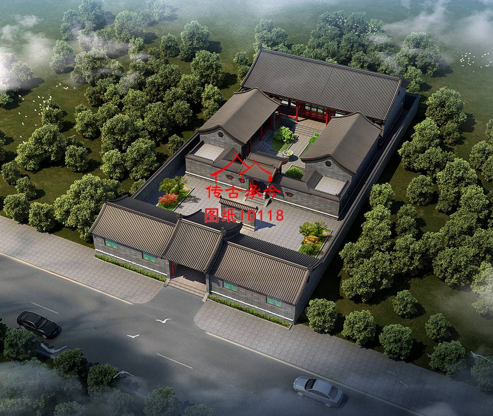 二進(jìn)青磚合院鳥瞰圖