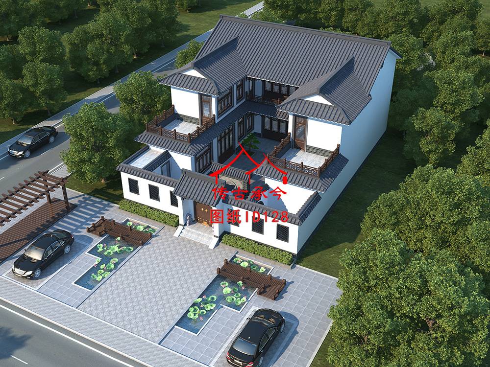 帶露臺新中式合院鳥瞰圖