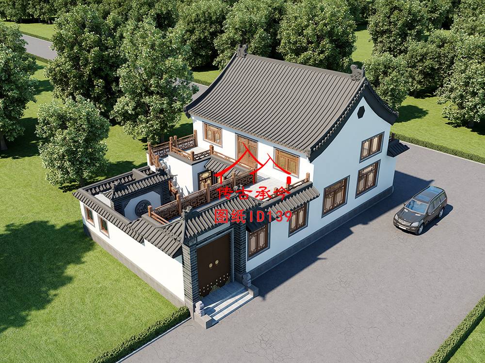 白墻二層小型合院鳥瞰圖