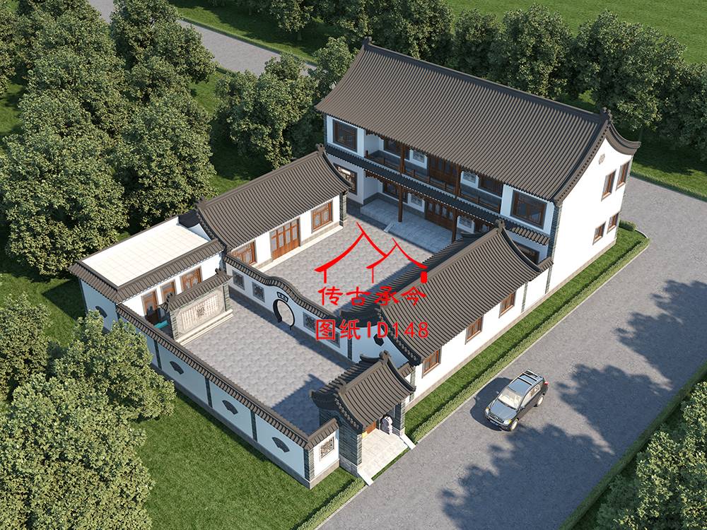 白墻青磚柱二進(jìn)三合院鳥(niǎo)瞰圖