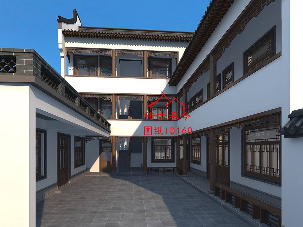 一進(jìn)三層白墻三合院效果圖