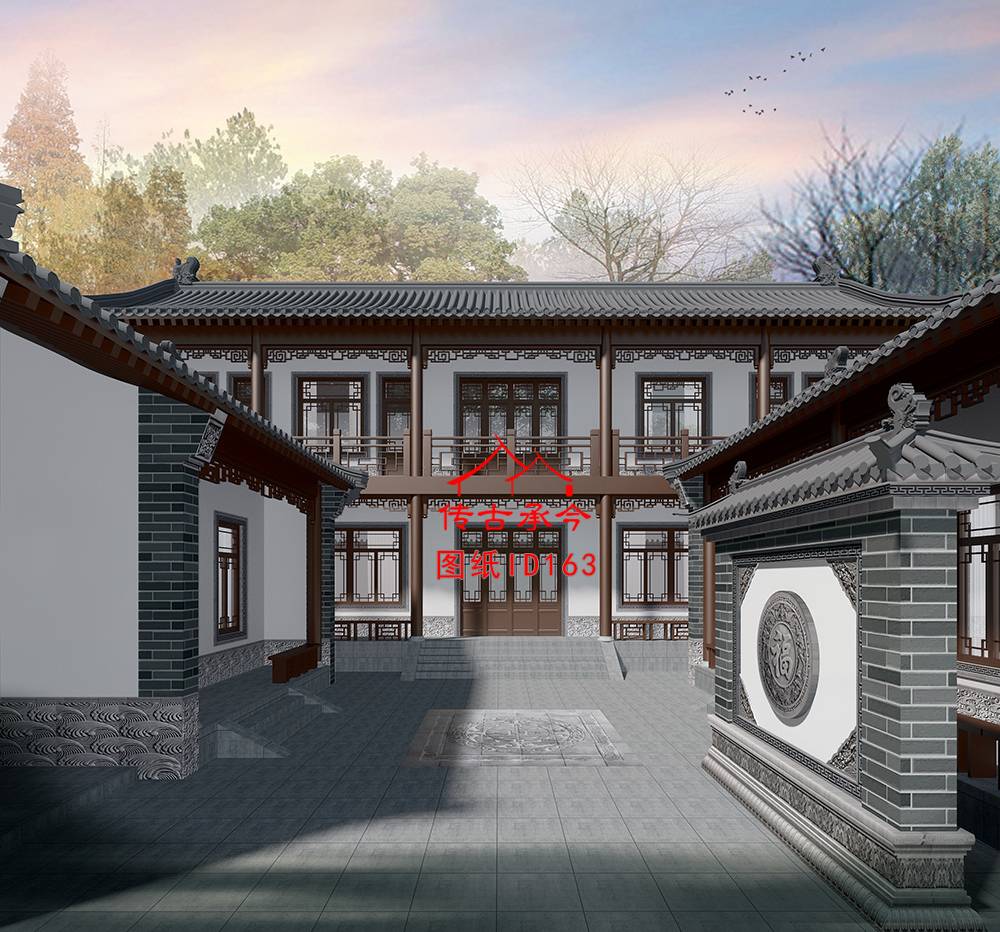 白墻青磚柱一進(jìn)三合院效果圖