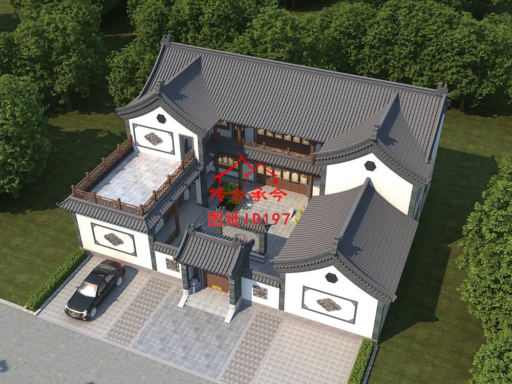 連體二層新中式三合院農(nóng)村自建房