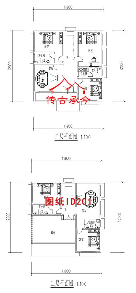 新中式別墅二層平面圖，三層平面圖