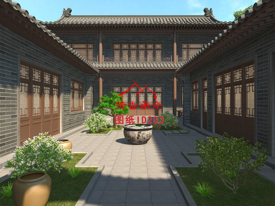 青磚墻合院院內(nèi)效果圖