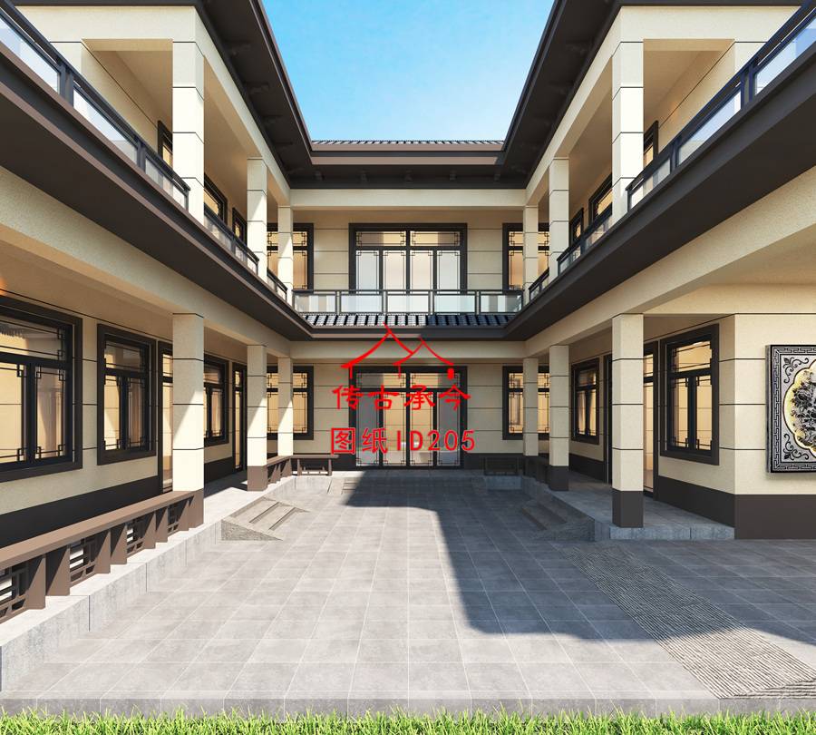 小型別墅三合院院內(nèi)效果圖