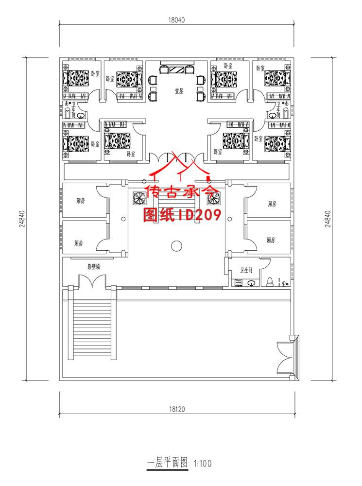 五開(kāi)間雙面布房三合院平面圖