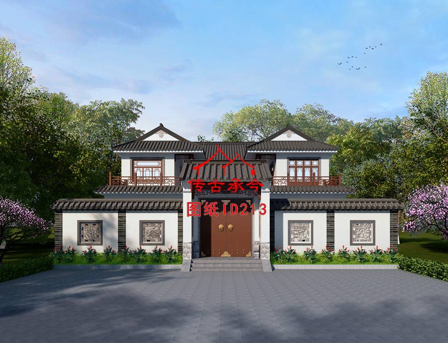 二層白墻灰瓦三合院院外設(shè)計(jì)圖