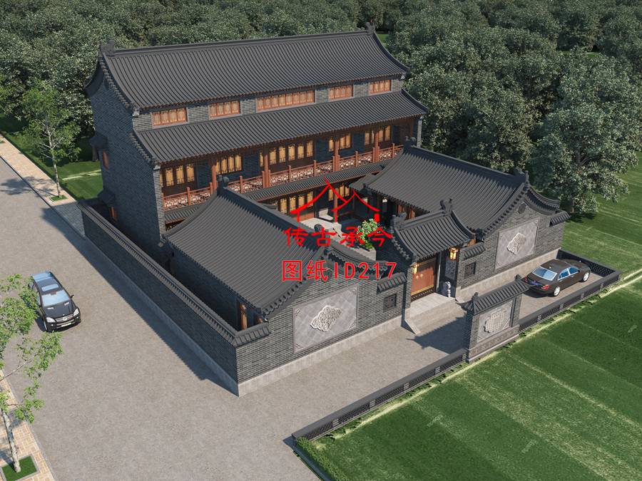 農(nóng)村自建房三合院鳥(niǎo)瞰圖