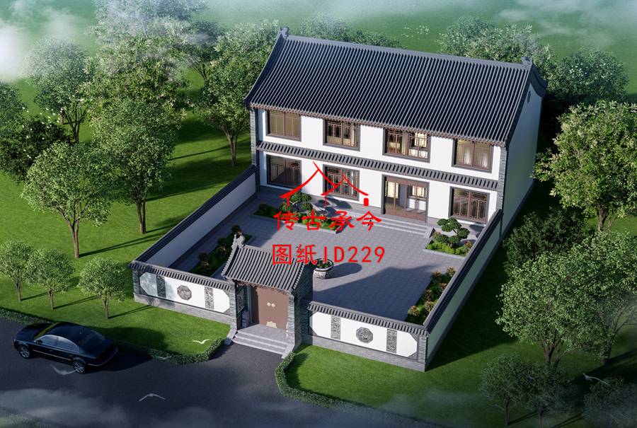 二層獨(dú)棟新中式帶院鳥瞰圖