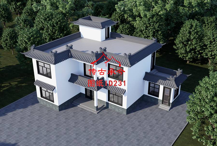 二層仿古建筑平屋面外觀效果圖