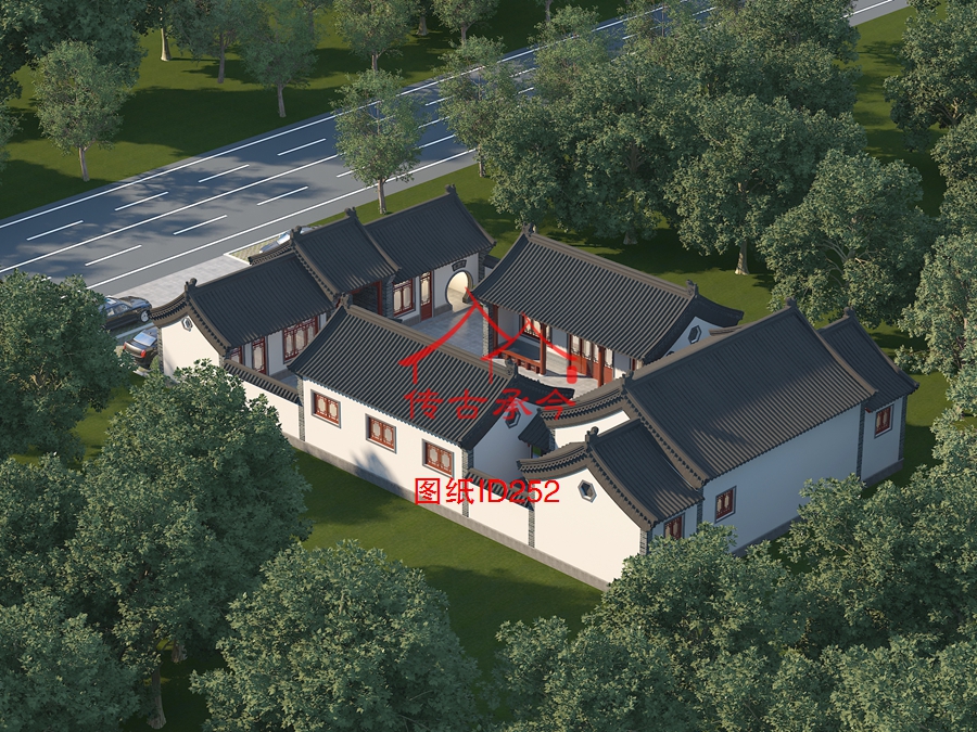 四合院新中式白墻局部青磚鳥瞰圖