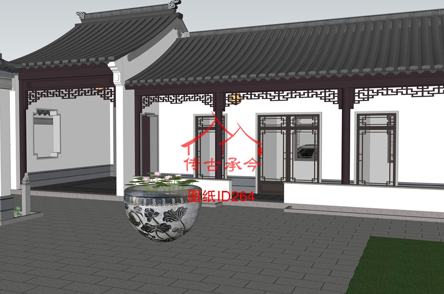 蘇式大門花窗連廊倒坐房效果圖
