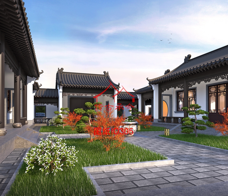 中式四合院庭院景觀布置效果圖