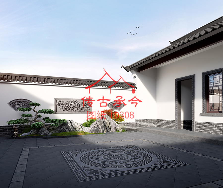 農(nóng)莊合院院內(nèi)裝飾假山景觀效果圖
