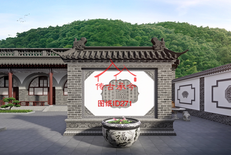 中式小四合院影壁墻設(shè)計效果圖