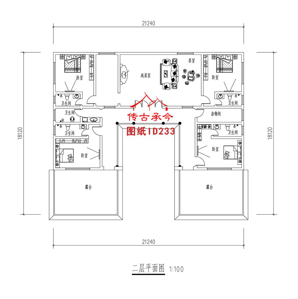新中式帶露臺建筑平面圖