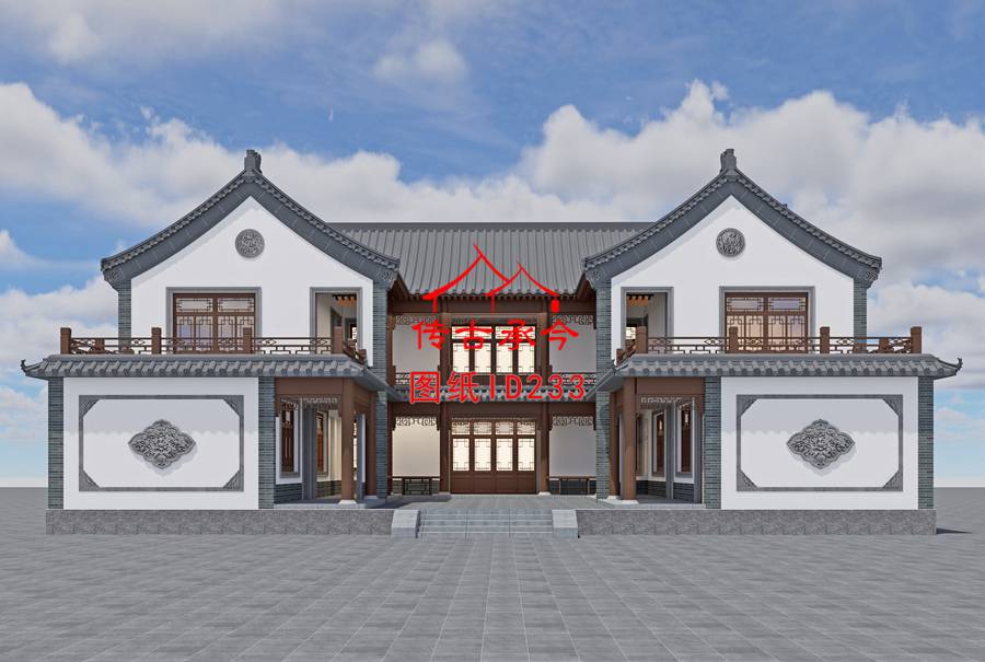 青磚白墻組合二層露臺仿古建筑立面圖