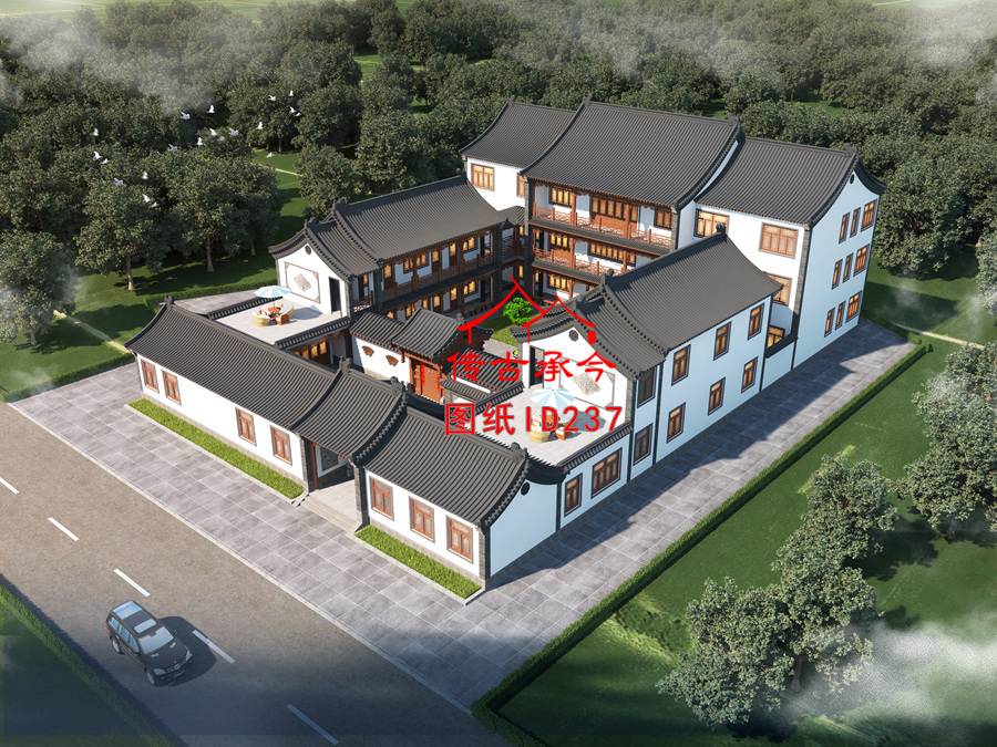 新中式白墻青磚柱垂花門露臺(tái)鳥(niǎo)瞰圖