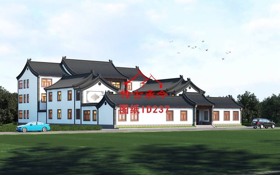 三層新中式白墻傳統(tǒng)仿古建筑外觀效果圖