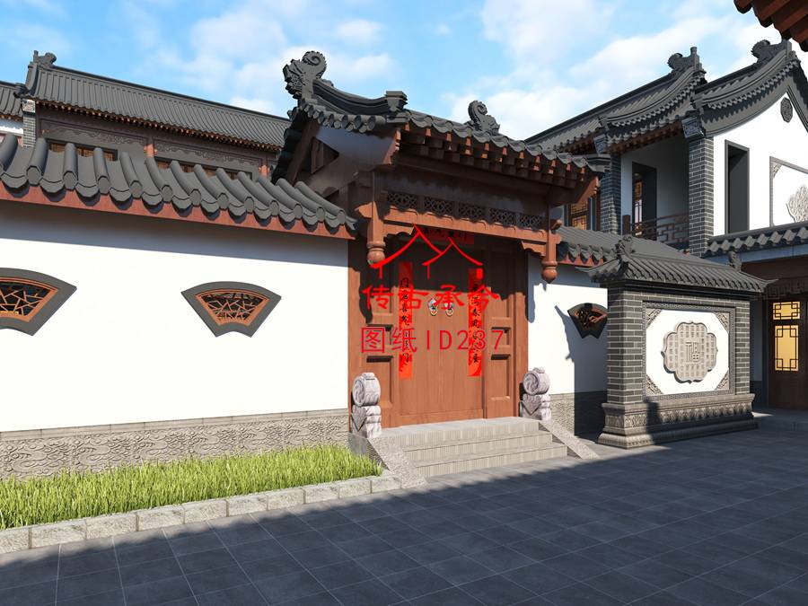 新中式白墻風(fēng)格垂花門(mén)影壁墻效果圖