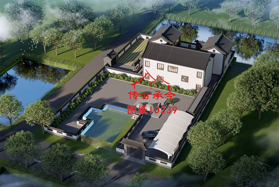 后院帶景觀二層三合院外觀效果圖