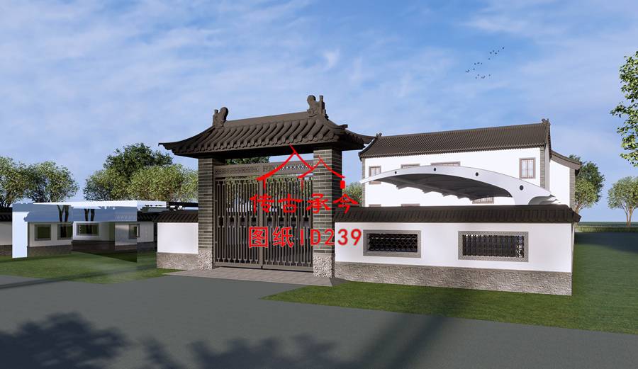 仿古雙柱大門青磚正面效果圖