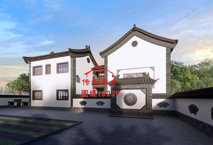 新中式二層白墻影壁墻院內(nèi)布局景觀效果圖