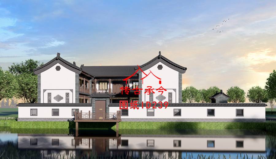 心中二層白墻花窗效果圖