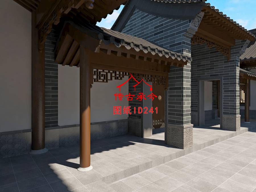 大門連廊古建筑院內(nèi)效果圖