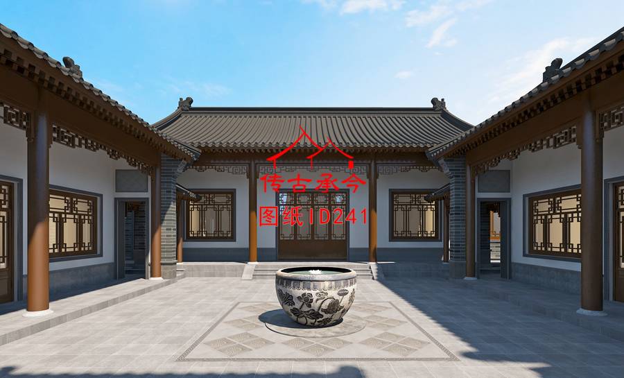 院內(nèi)白墻青磚水缸效果圖