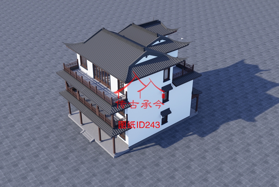 三層獨棟前后露臺大屋頂歇山鳥瞰