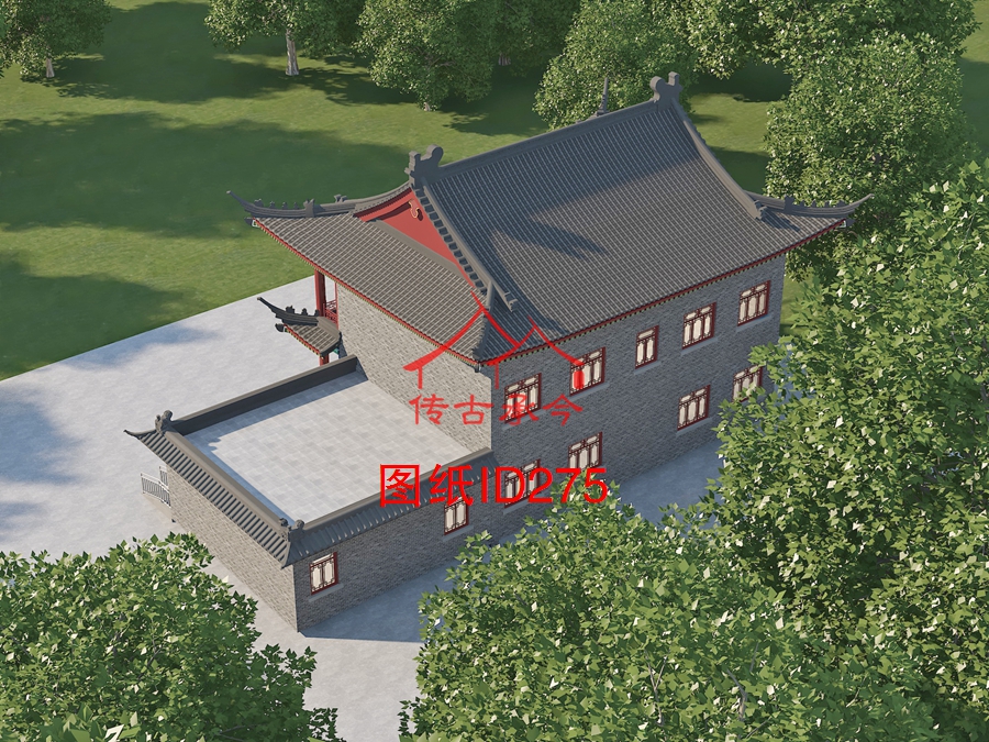 二層中式四合院背立面效果圖 