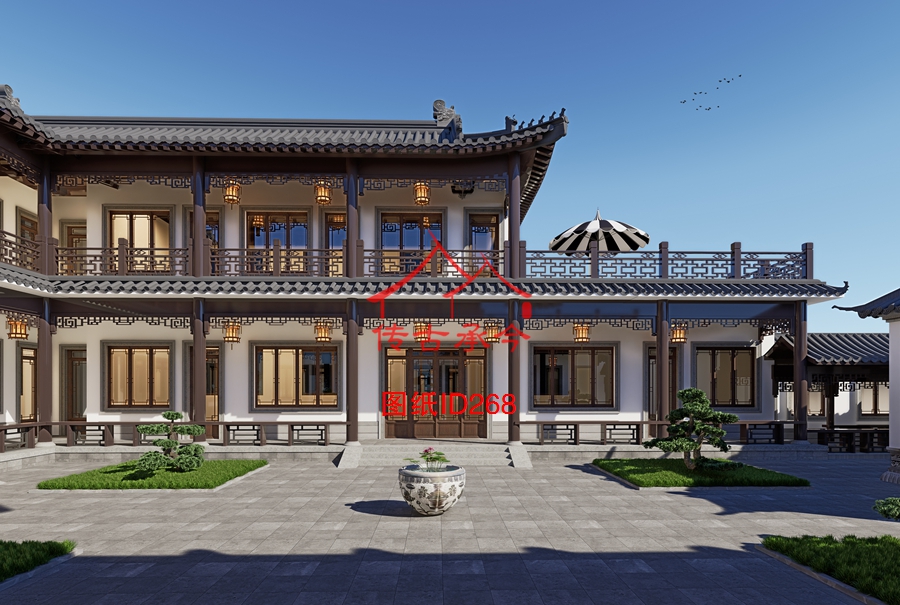 四合院二層新中式露臺(tái)院內(nèi)景觀效果圖