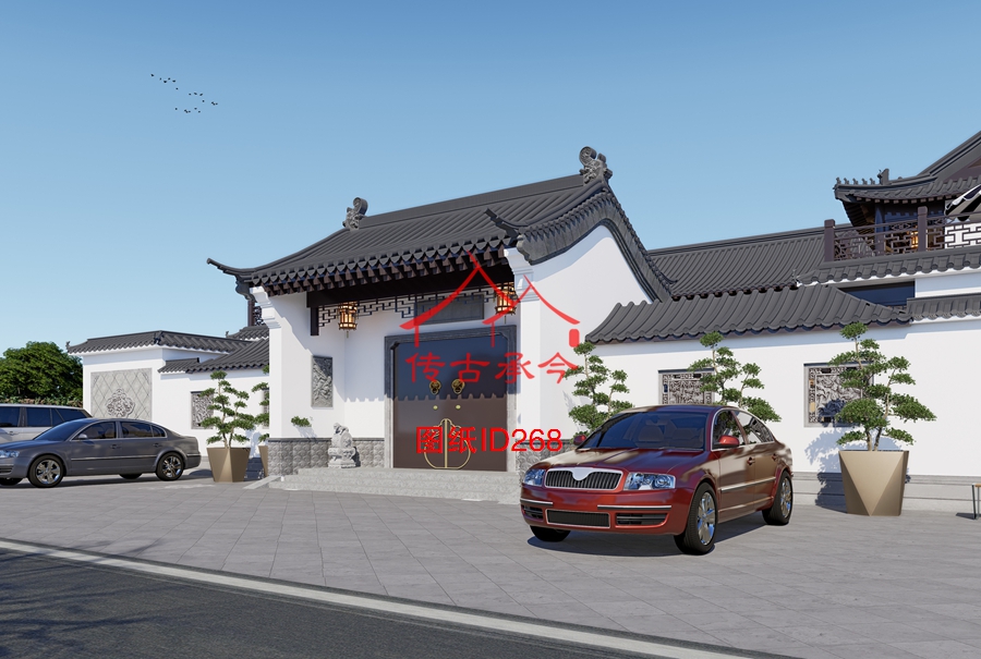 大開(kāi)間大門白墻外立面正面圖