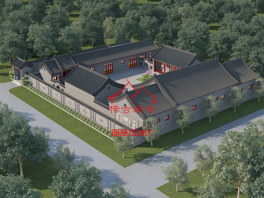 四合院大門二進(jìn)院紅柱青磚灰瓦效果圖