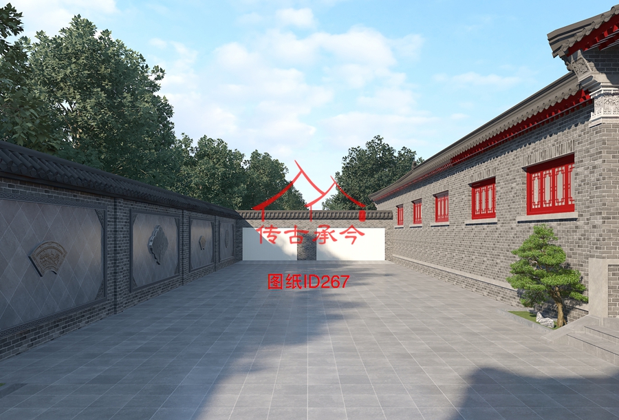 青磚車庫(kù)一進(jìn)院磚雕石材鋪裝效果圖
