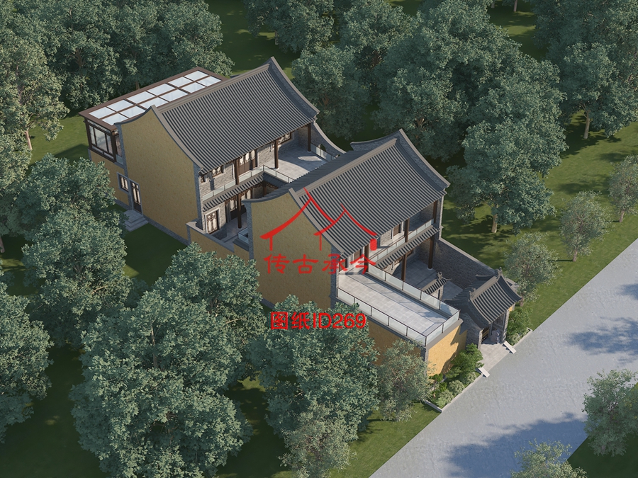 黃色墻體四合院陽光房仿古建筑效果圖