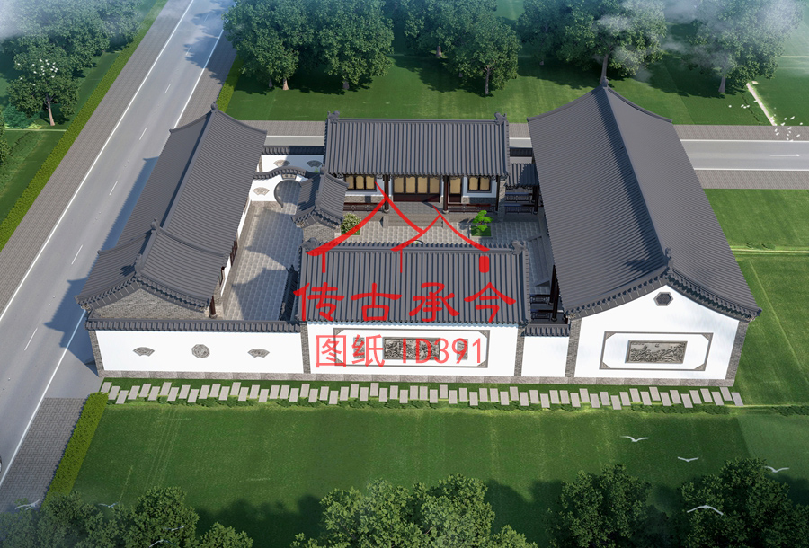 新中式二進四合院鳥瞰效果圖