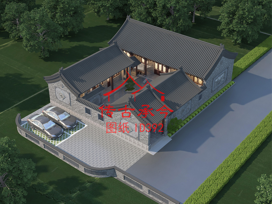 青磚風(fēng)格三合院鳥瞰效果圖
