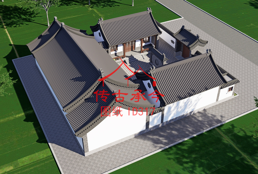 白墻灰瓦三合院效果圖鳥(niǎo)瞰圖