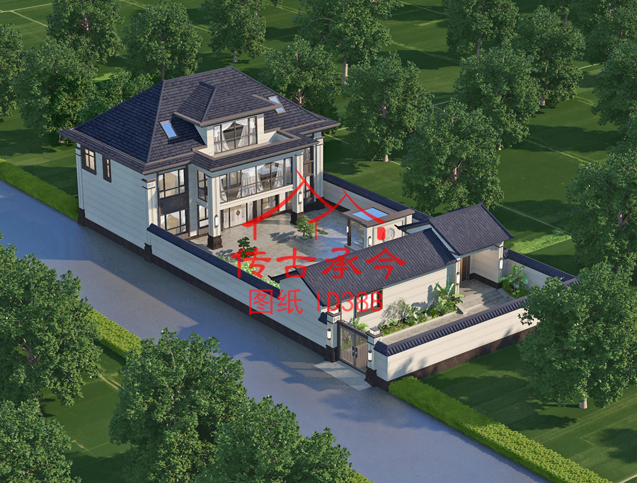 新中式別墅鳥瞰效果圖