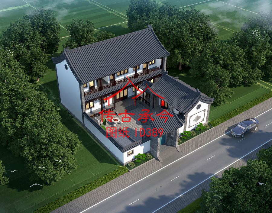 新中式風(fēng)格主房二層鳥瞰效果圖