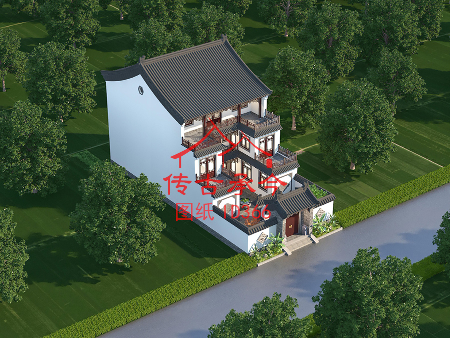 白墻灰瓦新中式風(fēng)格三層效果圖