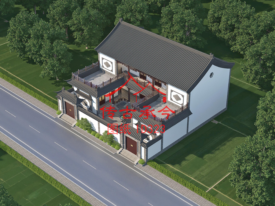 白墻灰瓦中式三合院鳥瞰效果圖