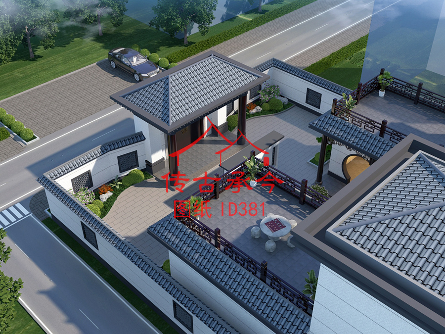 新中式別墅鳥(niǎo)瞰效果圖