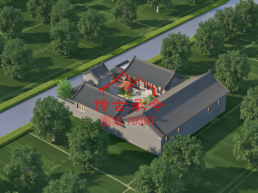 青磚風(fēng)格小型三合院鳥瞰效果圖