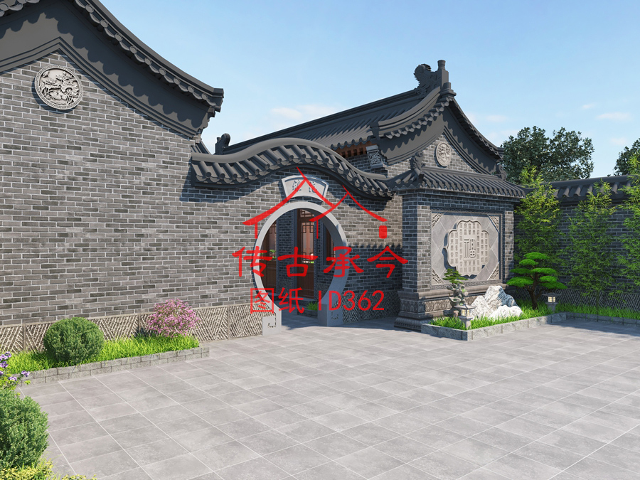 中式青磚風(fēng)格月亮門效果圖